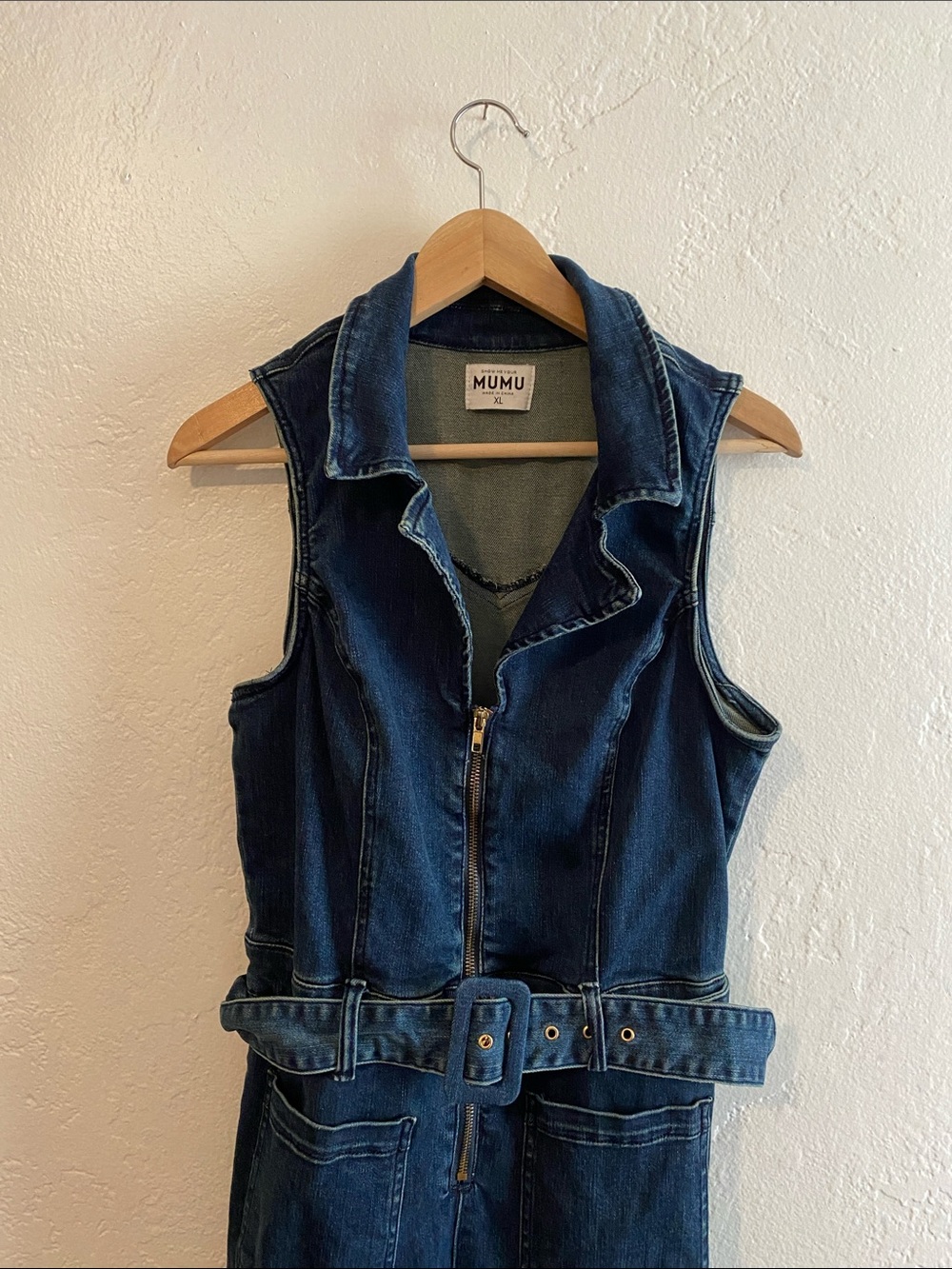 Show Me Your MUMU Denim Jacksonville Jumpsuit Sleeveless Color Thunder Sz XL - Picture 4 of 13
